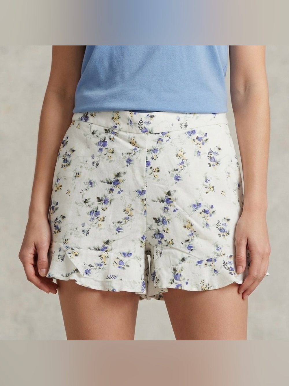 Catherine Malandrino Floral Ruffle-Hem High Waist Linen Blend Shorts